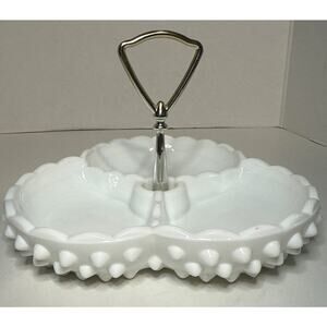 Fenton Etched White Milk Glass Hobnail 3 Section Handled Divided Relish Dish